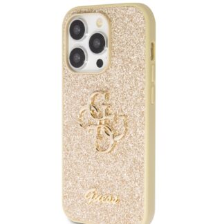 Guess PU Fixed Glitter 4G Metal Logo Zadní Kryt pro iPhone 15 Pro Max Zlatý