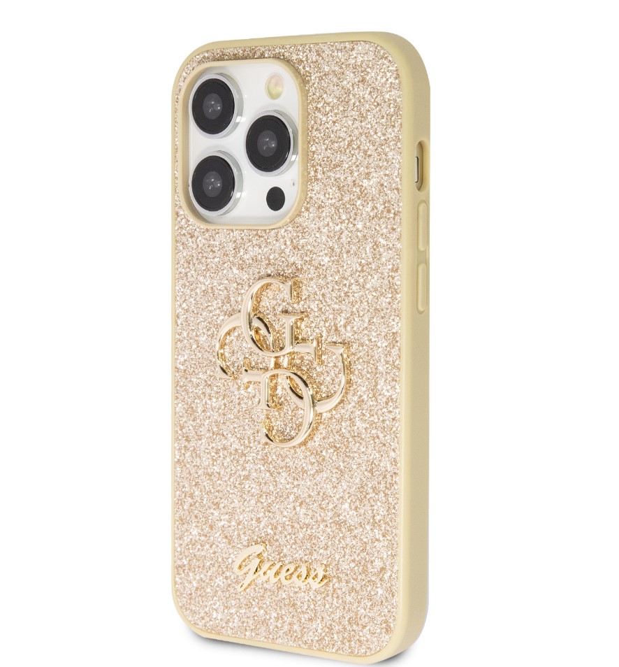 Guess PU Fixed Glitter 4G Metal Logo Zadní Kryt pro iPhone 15 Pro Max Zlatý