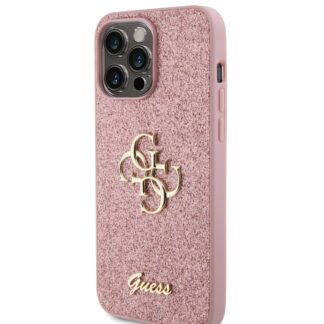 Guess PU Fixed Glitter 4G Metal Logo Zadní Kryt pro iPhone 15 Pro Max Růžový