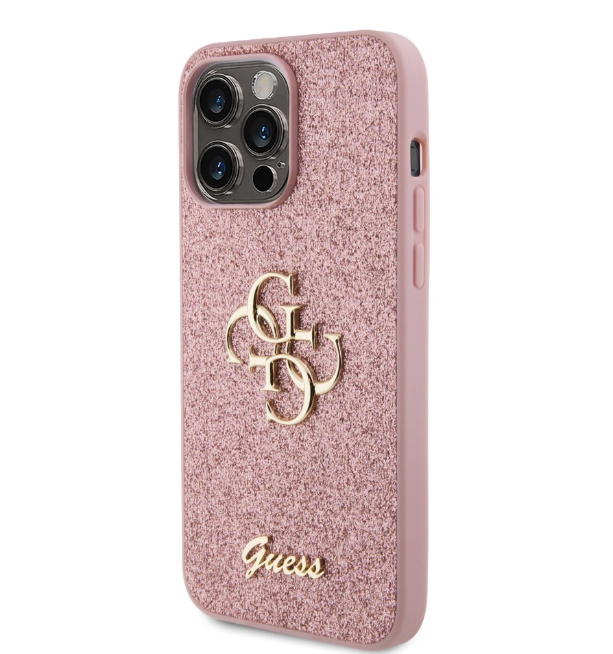 Guess PU Fixed Glitter 4G Metal Logo Zadní Kryt pro iPhone 15 Pro Max Růžový