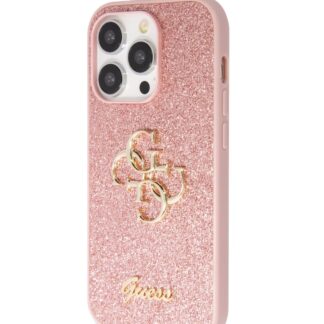 Guess PU Fixed Glitter 4G Metal Logo Zadní Kryt pro iPhone 15 Pro Růžový