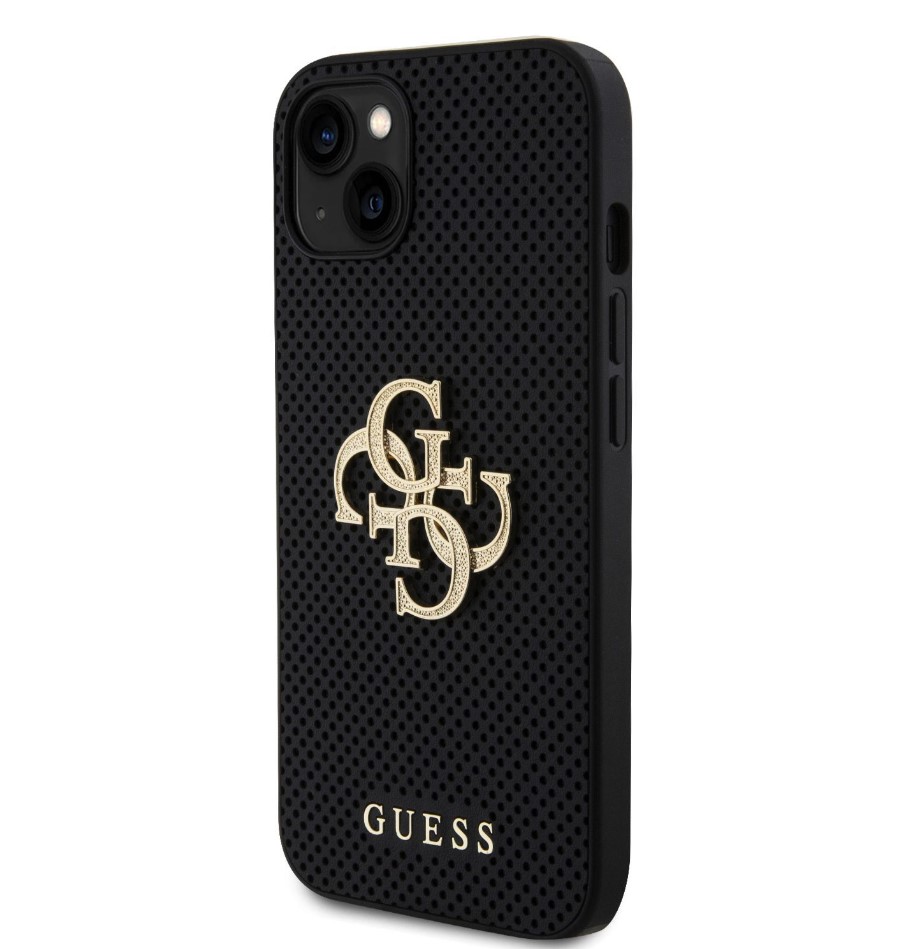 Guess PU Perforated 4G Glitter Metal Logo Zadní Kryt pro iPhone 15 Černý