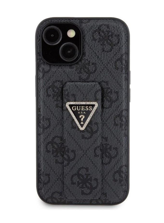 Guess PU Grip Stand 4G Strass Triangle Metal Logo Zadní Kryt pro iPhone 15
