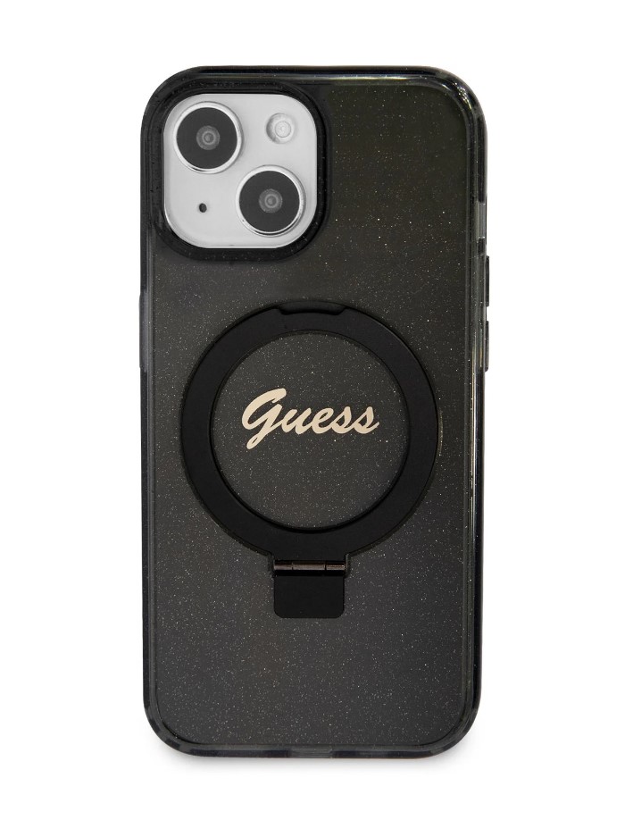 Guess IML Ring Stand Glitter MagSafe Zadní Kryt pro iPhone 15, hnědá