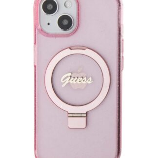 Guess IML Ring Stand Glitter MagSafe Zadní Kryt pro iPhone 15, růžová