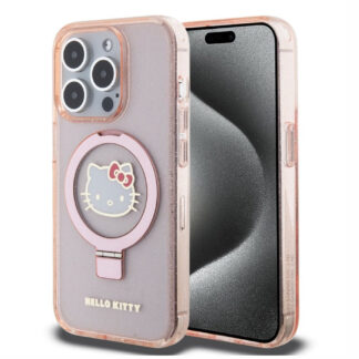 Hello Kitty IML Ringstand Glitter Kitty Head Logo MagSafe Zadní Kryt pro iPhone 15 Pro, černá