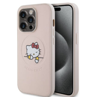 Hello Kitty PU Kitty Asleep Logo MagSafe Zadní Kryt pro iPhone 15 Pro, růžová