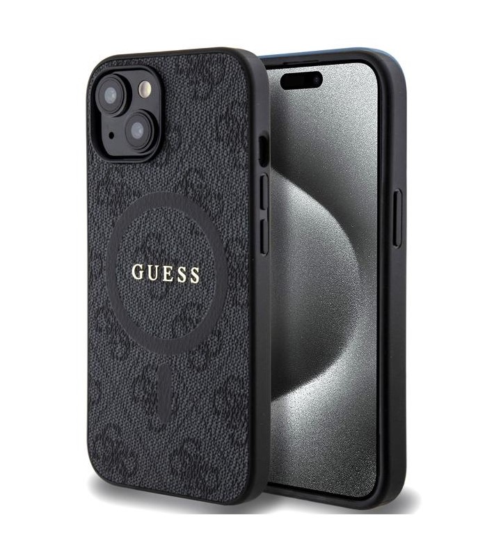Guess PU Leather 4G Colored Ring MagSafe Zadní Kryt pro iPhone 15 Black