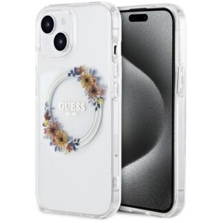 Guess PC/TPU Flowers Ring Glossy Logo MagSafe Zadní Kryt pro iPhone 15 Plus Transparent