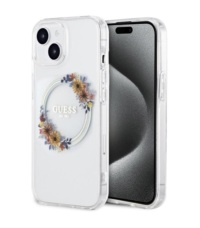 Guess PC/TPU Flowers Ring Glossy Logo MagSafe Zadní Kryt pro iPhone 15 Plus Transparent