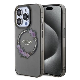 Guess PC/TPU Flowers Ring Glossy Logo MagSafe Zadní Kryt pro iPhone 15 Pro Black