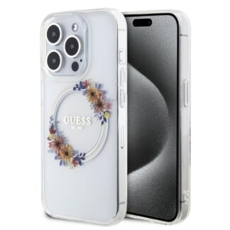 Guess PC/TPU Flowers Ring Glossy Logo MagSafe Zadní Kryt pro iPhone 15 Pro Max Transparent