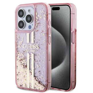 Guess PC/TPU Liquid Glitter Gold Stripe Zadní Kryt pro iPhone 15 Pro Pink