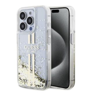 Guess PC/TPU Liquid Glitter Gold Stripe Zadní Kryt pro iPhone 15 Pro Transparent