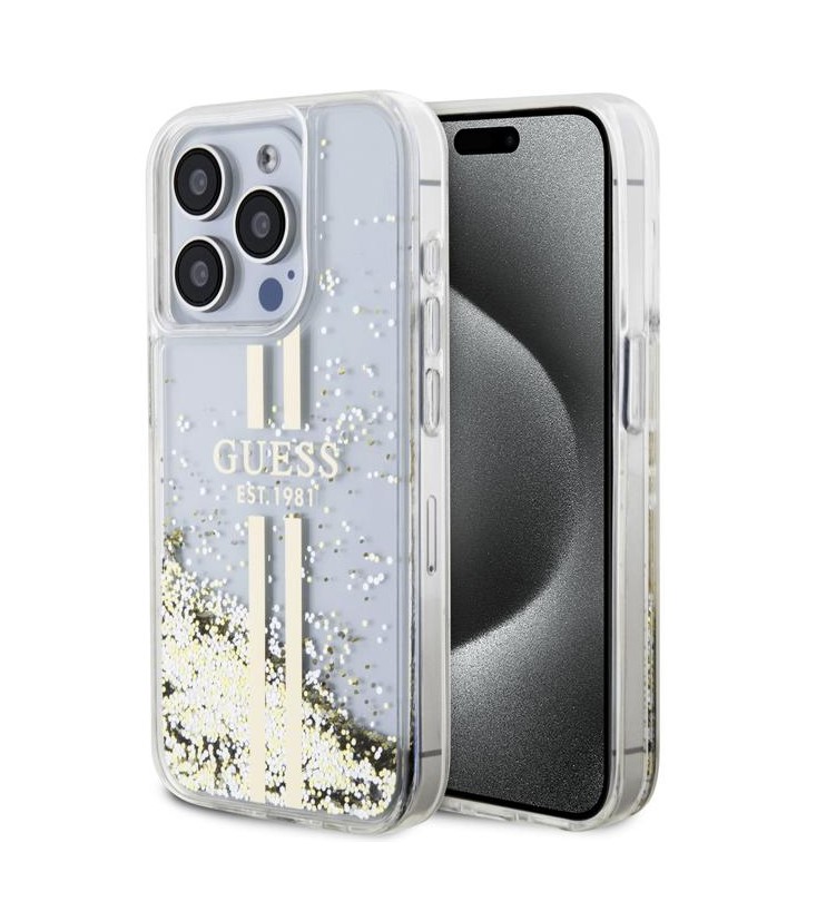 Guess PC/TPU Liquid Glitter Gold Stripe Zadní Kryt pro iPhone 15 Pro Transparent