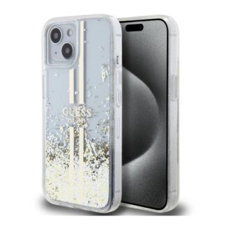 Guess PC/TPU Liquid Glitter Gold Stripe Zadní Kryt pro iPhone 15 Transparent