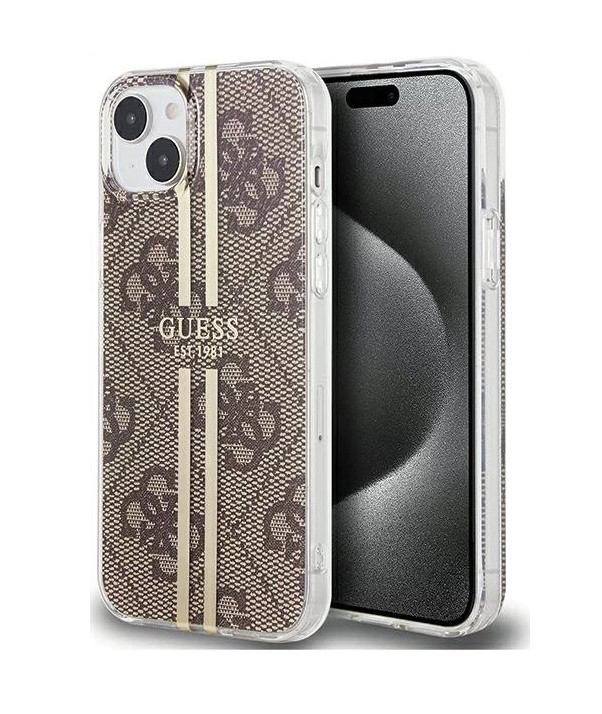 Guess IML 4G Gold Stripe Zadní Kryt pro iPhone 15 Brown