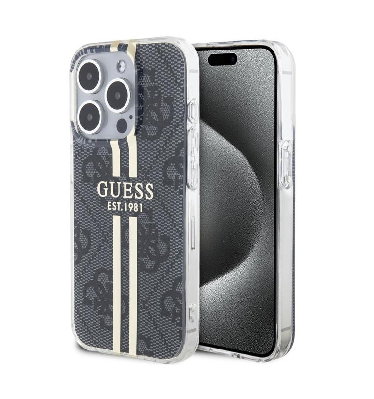 Guess IML 4G Gold Stripe Zadní Kryt pro iPhone 15 Pro Black