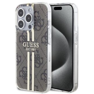 Guess IML 4G Gold Stripe Zadní Kryt pro iPhone 15 Pro Brown