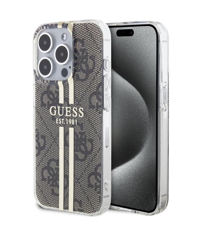 Guess IML 4G Gold Stripe Zadní Kryt pro iPhone 15 Pro Brown