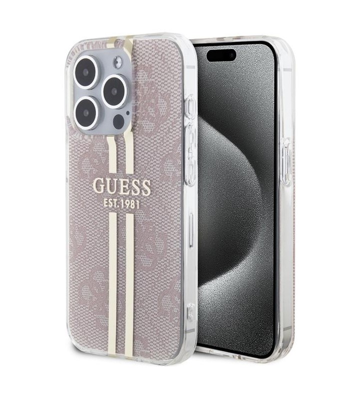 Guess IML 4G Gold Stripe Zadní Kryt pro iPhone 15 Pro Max Pink