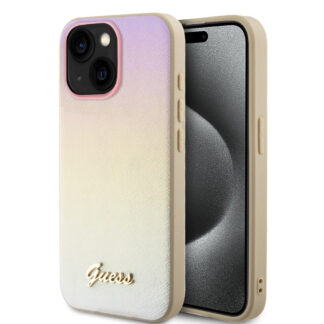Guess PU Leather Iridescent Metal Script Zadní Kryt pro iPhone 15 Gold