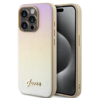 Guess PU Leather Iridescent Metal Script Zadní Kryt pro iPhone 15 Pro Gold