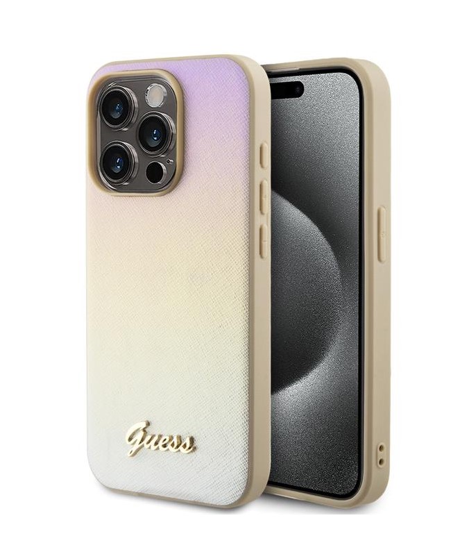 Guess PU Leather Iridescent Metal Script Zadní Kryt pro iPhone 15 Pro Gold
