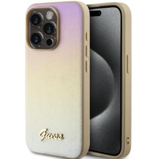Guess PU Leather Iridescent Metal Script Zadní Kryt pro iPhone 15 Pro Max Gold