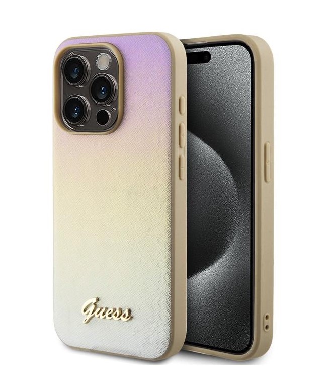 Guess PU Leather Iridescent Metal Script Zadní Kryt pro iPhone 15 Pro Max Gold