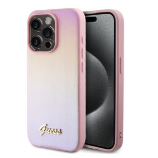 Guess PU Leather Iridescent Metal Script Zadní Kryt pro iPhone 15 Pro Max Pink