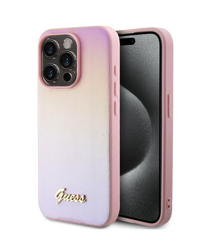 Guess PU Leather Iridescent Metal Script Zadní Kryt pro iPhone 15 Pro Max Pink