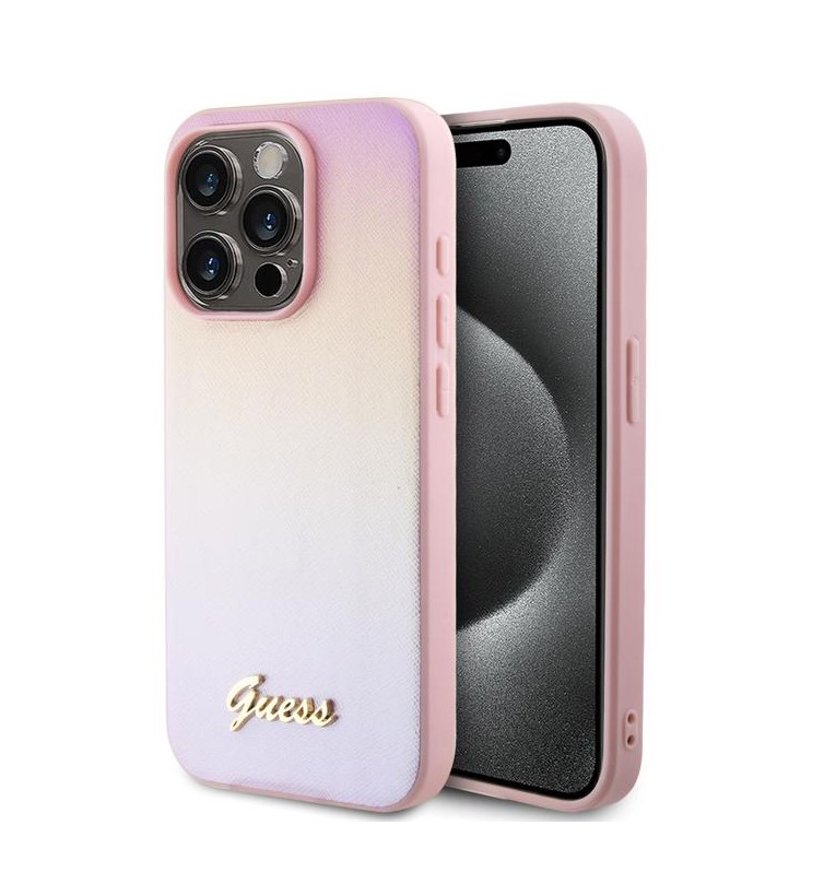 Guess PU Leather Iridescent Metal Script Zadní Kryt pro iPhone 15 Pro Pink