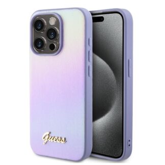 Guess PU Leather Iridescent Metal Script Zadní Kryt pro iPhone 15 Pro Purple