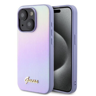 Guess PU Leather Iridescent Metal Script Zadní Kryt pro iPhone 15 Purple