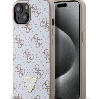 Guess PU Leather 4G Triangle Metal Logo Zadní Kryt pro iPhone 15 White