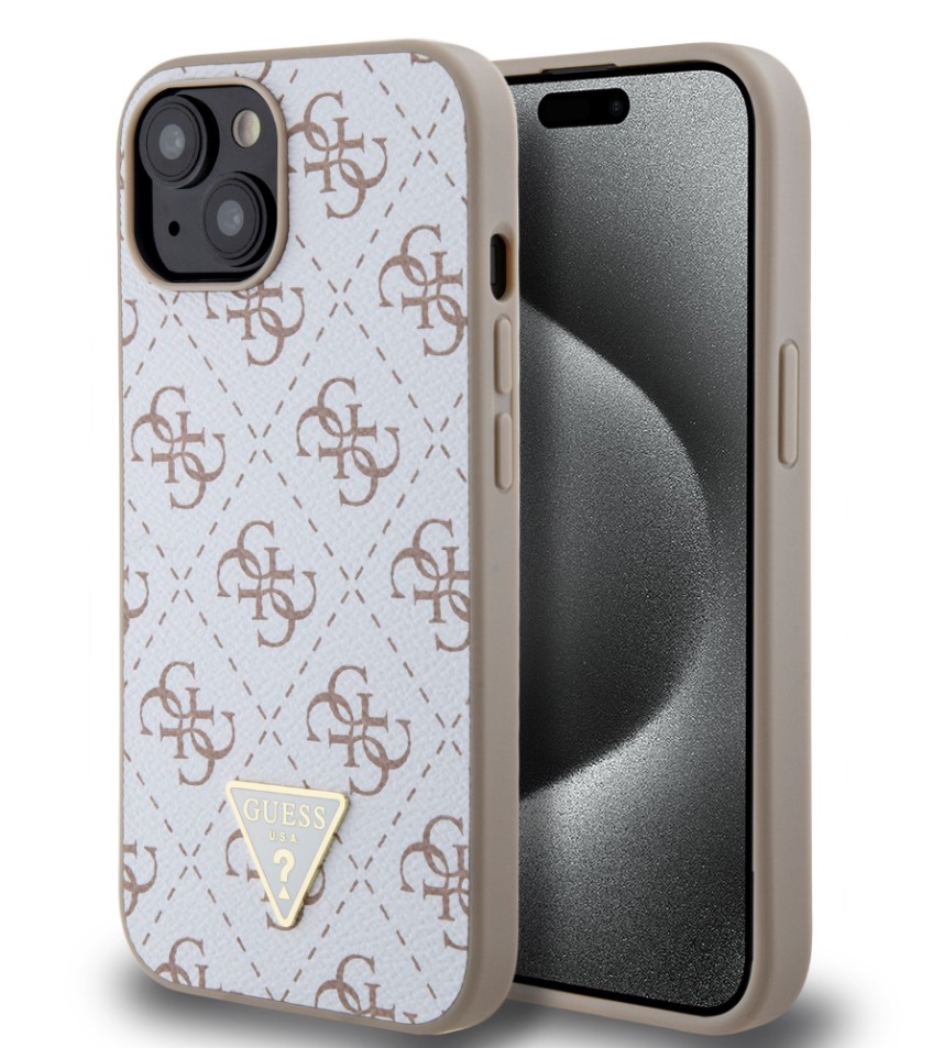 Guess PU Leather 4G Triangle Metal Logo Zadní Kryt pro iPhone 15 White