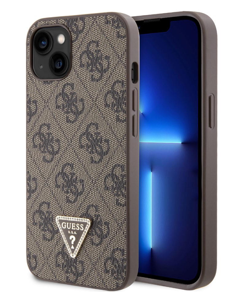 Guess PU 4G Strass Triangle Metal Logo Zadní Kryt pro iPhone 15 Brown