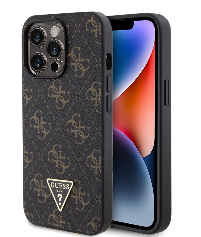 Guess PU Leather 4G Triangle Metal Logo Zadní Kryt pro iPhone 13 Pro Black