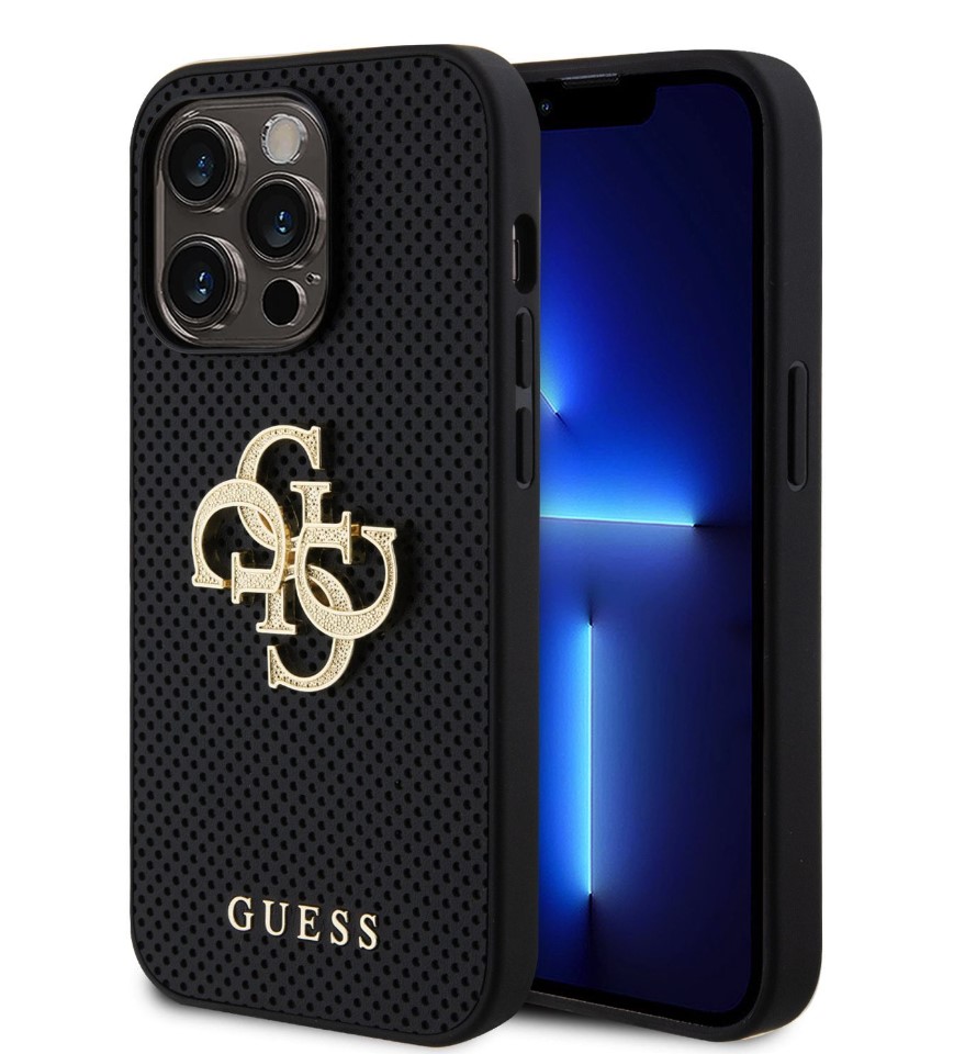 Guess PU Perforated 4G Glitter Metal Logo Zadní Kryt pro iPhone 14 Pro Black
