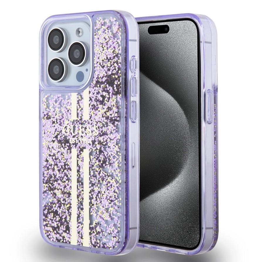 Guess PC/TPU Liquid Glitter Gold Stripe Zadní Kryt pro iPhone 15 Pro Purple
