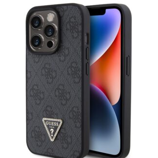 Guess PU 4G Strass Triangle Metal Logo Zadní Kryt pro iPhone 15 Pro Black
