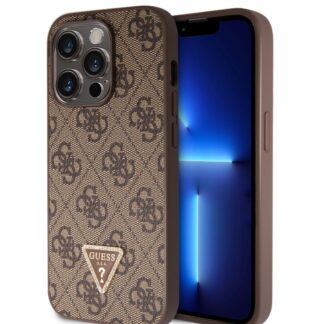 Guess PU 4G Strass Triangle Metal Logo Zadní Kryt pro iPhone 15 Pro Brown