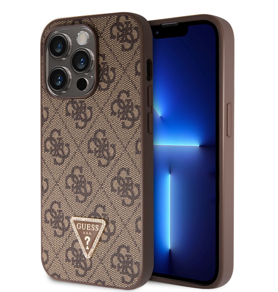 Guess PU 4G Strass Triangle Metal Logo Zadní Kryt pro iPhone 15 Pro Brown