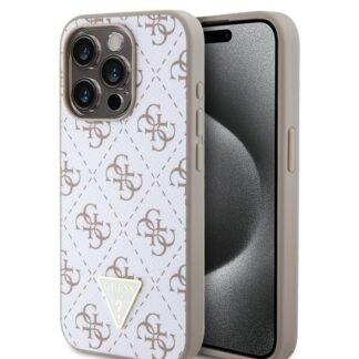 Guess PU Leather 4G Triangle Metal Logo Zadní Kryt pro iPhone 15 Pro White