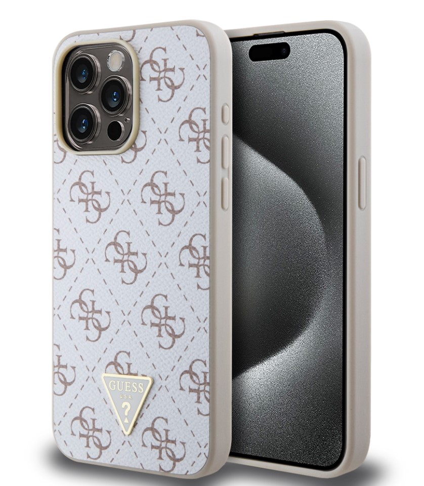 Guess PU Leather 4G Triangle Metal Logo Zadní Kryt pro iPhone 15 Pro Max White