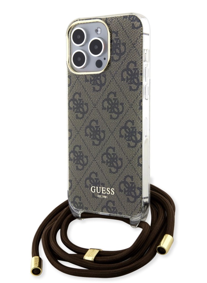 Guess IML 4G Printed Crossbody Popruh Zadní Kryt pro iPhone 15 Pro Brown