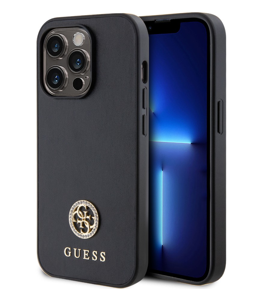 Guess PU 4G Strass Metal Logo Zadní Kryt pro iPhone 15 Pro Black