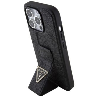Guess PU Grip Stand 4G Strass Triangle Metal Logo Zadní Kryt pro iPhone 15 Pro Black