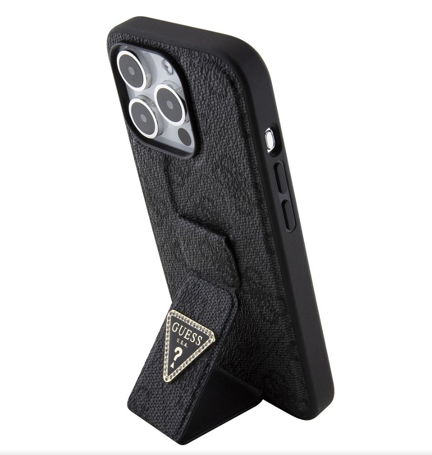 Guess PU Grip Stand 4G Strass Triangle Metal Logo Zadní Kryt pro iPhone 15 Pro Black